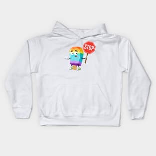 cartoon rainbow colors ice cream on a stick mascot with tablet stop in hand Kids Hoodie